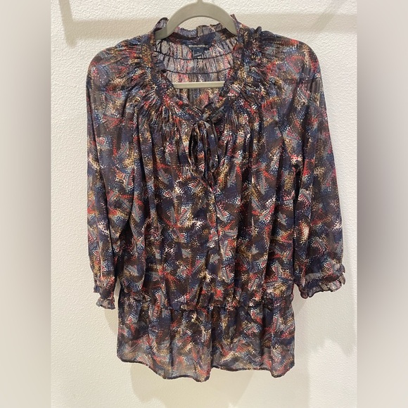 Banana Republic Multi Color Print Sheer Tie Neck Elastic Blouse - Picture 1 of 12